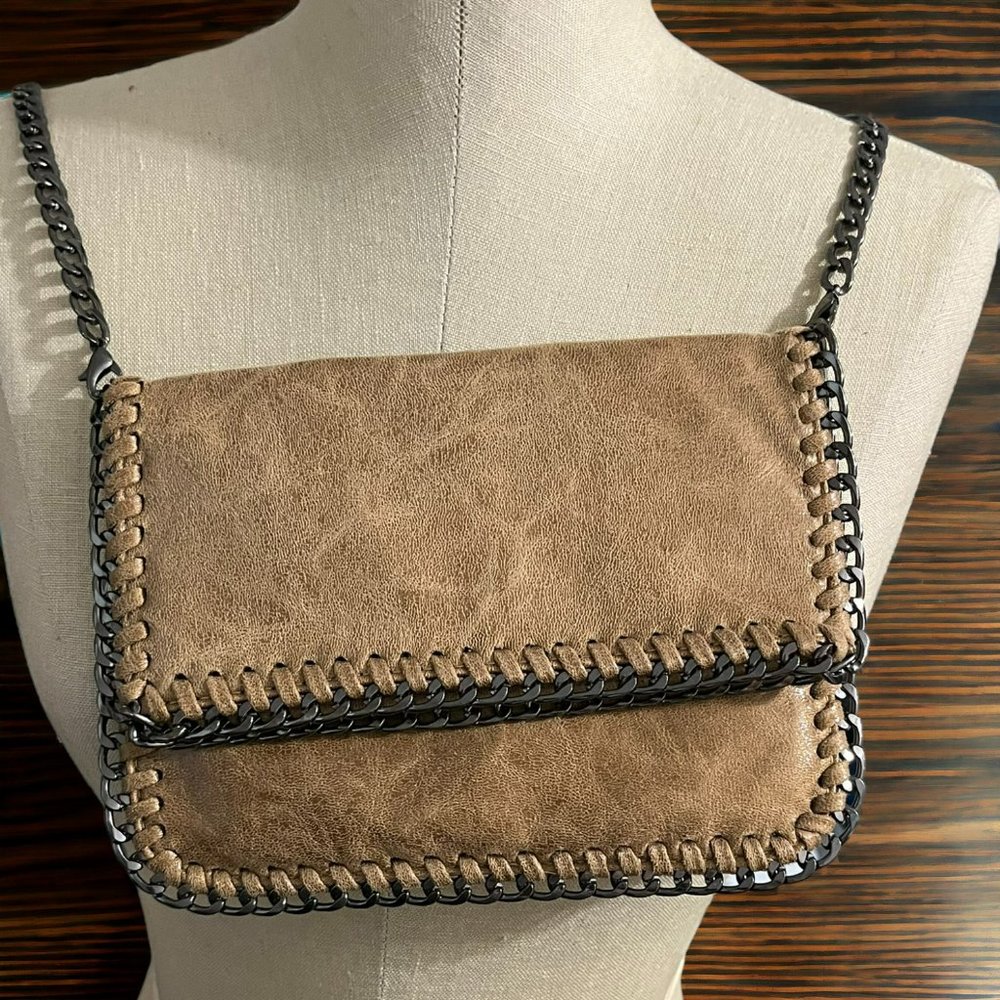 Genuine Leather Mottled Tan Removable Gunmetal Chain‎ Crossbody Bag